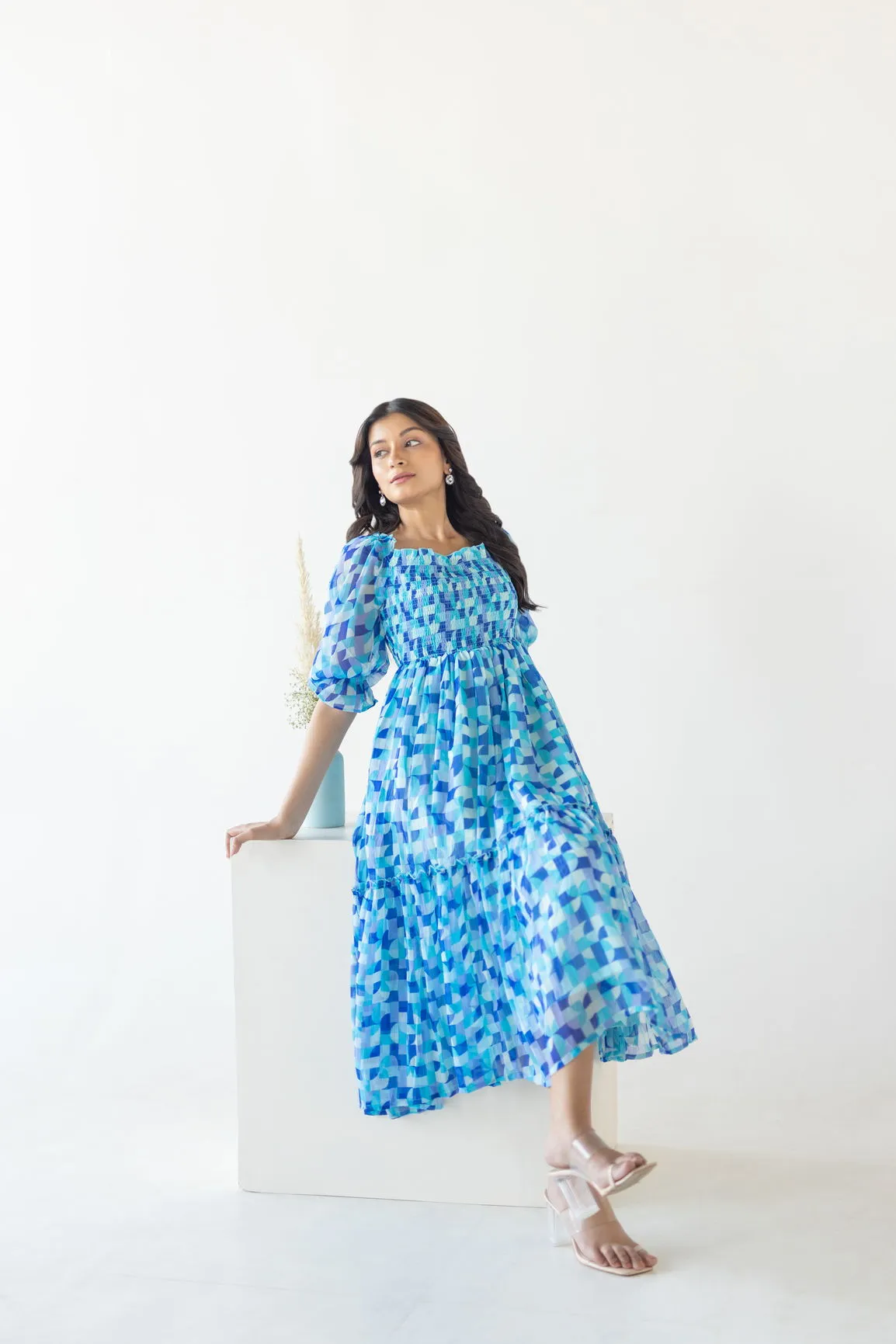 BLUE SMOCKED MOSAIC MAXI