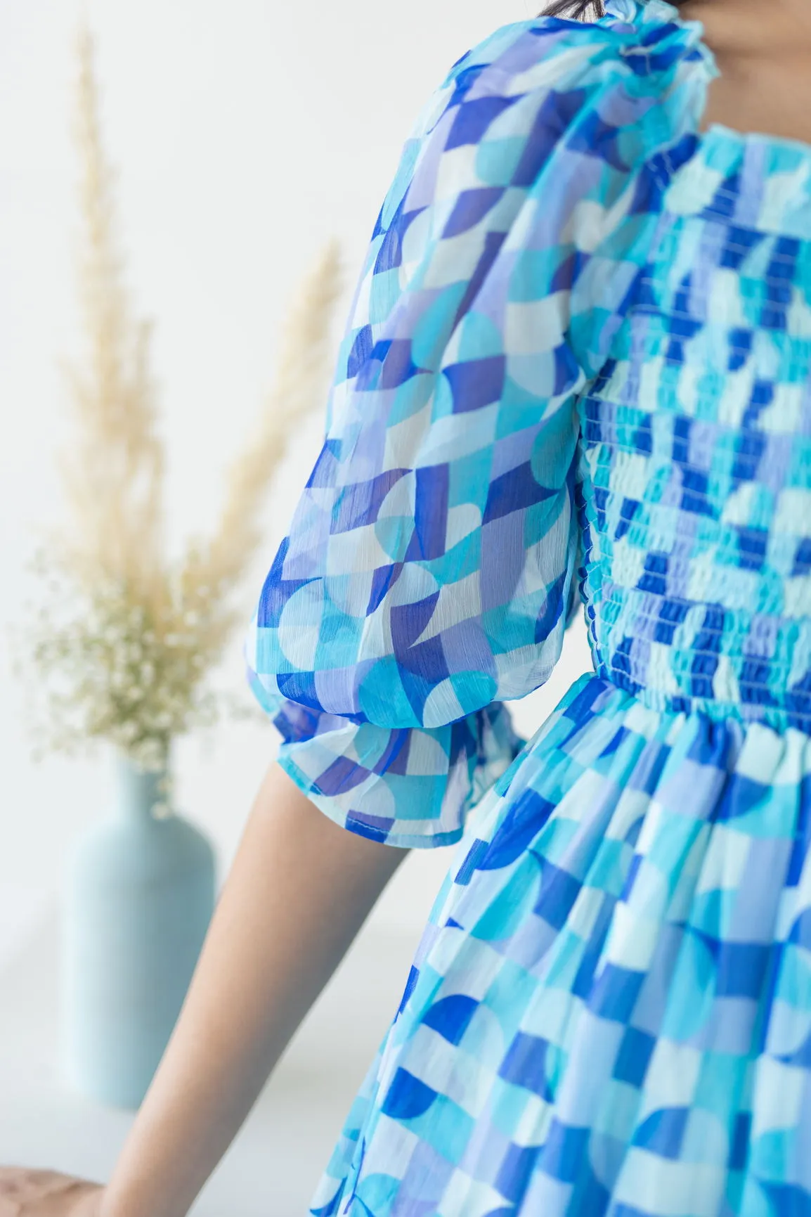 BLUE SMOCKED MOSAIC MAXI