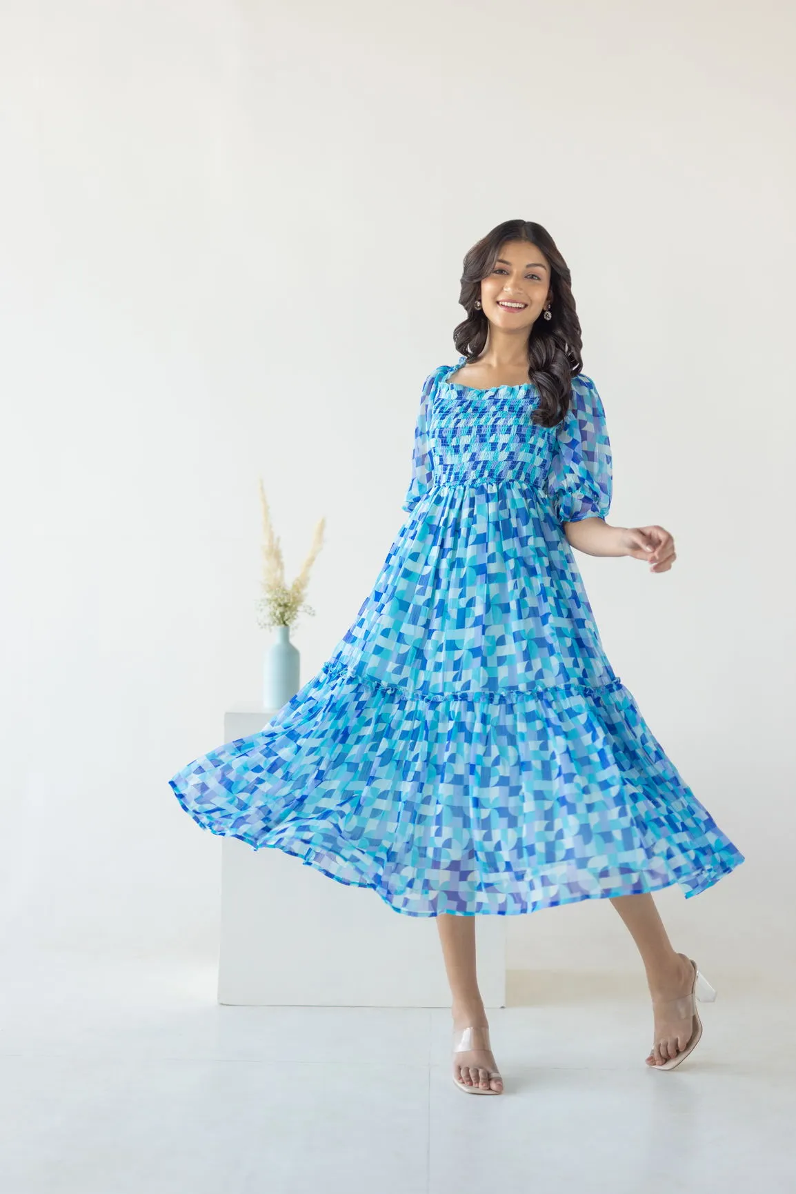 BLUE SMOCKED MOSAIC MAXI