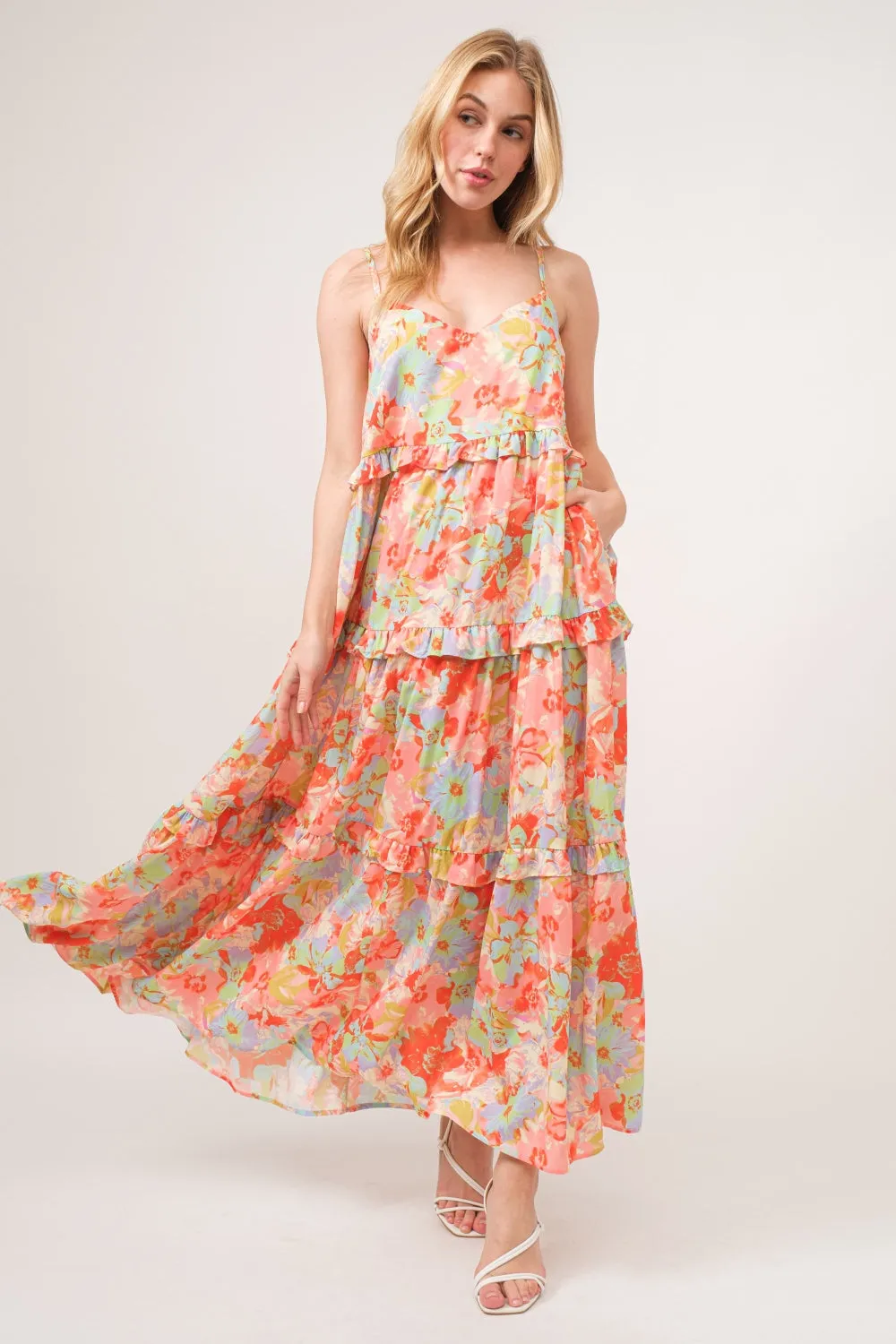 Blue Zone Planet |  And The Why Floral Ruffled Tiered Maxi Adjustable Strap Cami Dress