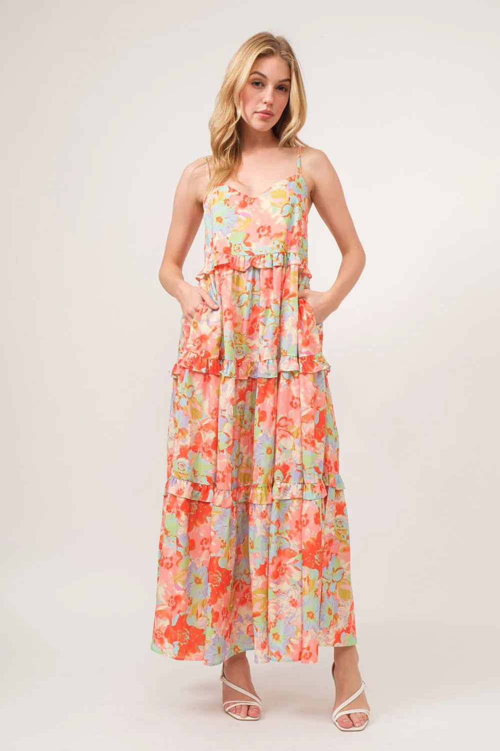 Blue Zone Planet |  And The Why Floral Ruffled Tiered Maxi Adjustable Strap Cami Dress