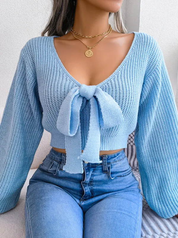 Blue Zone Planet |  Bow V-Neck Lantern Sleeve Crop Sweater