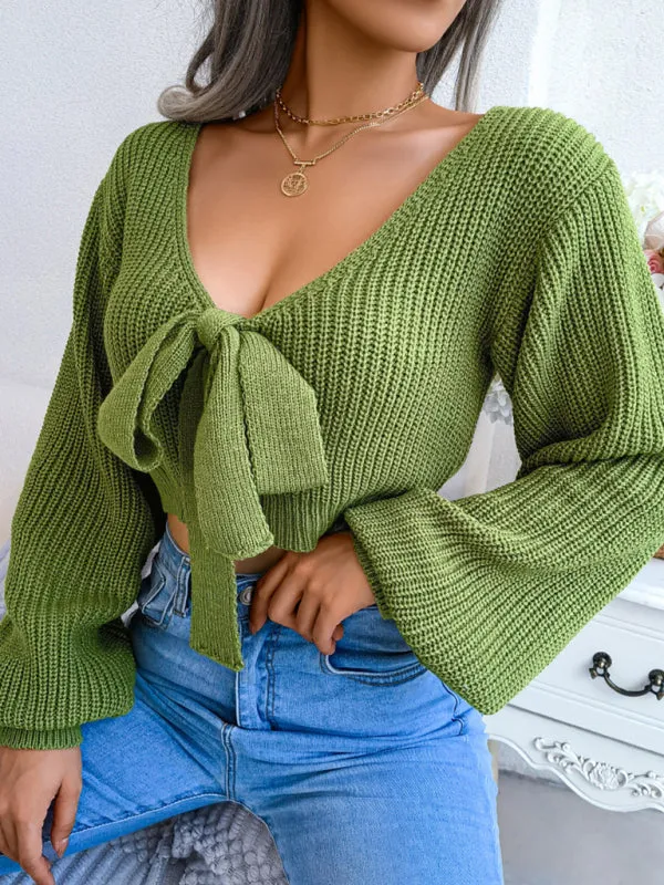 Blue Zone Planet |  Bow V-Neck Lantern Sleeve Crop Sweater