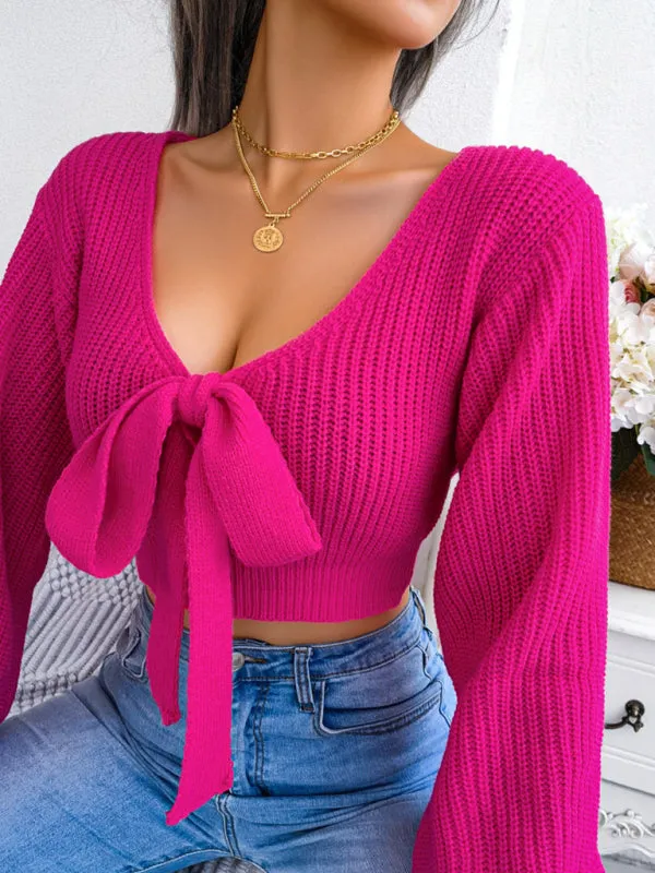 Blue Zone Planet |  Bow V-Neck Lantern Sleeve Crop Sweater