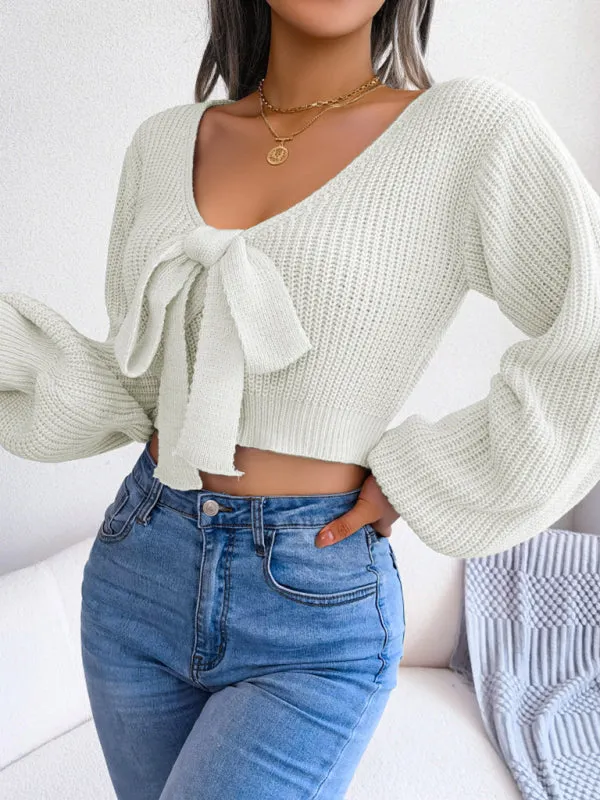 Blue Zone Planet |  Bow V-Neck Lantern Sleeve Crop Sweater