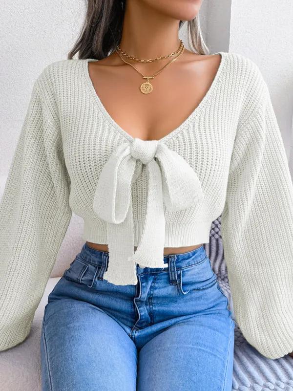 Blue Zone Planet |  Bow V-Neck Lantern Sleeve Crop Sweater