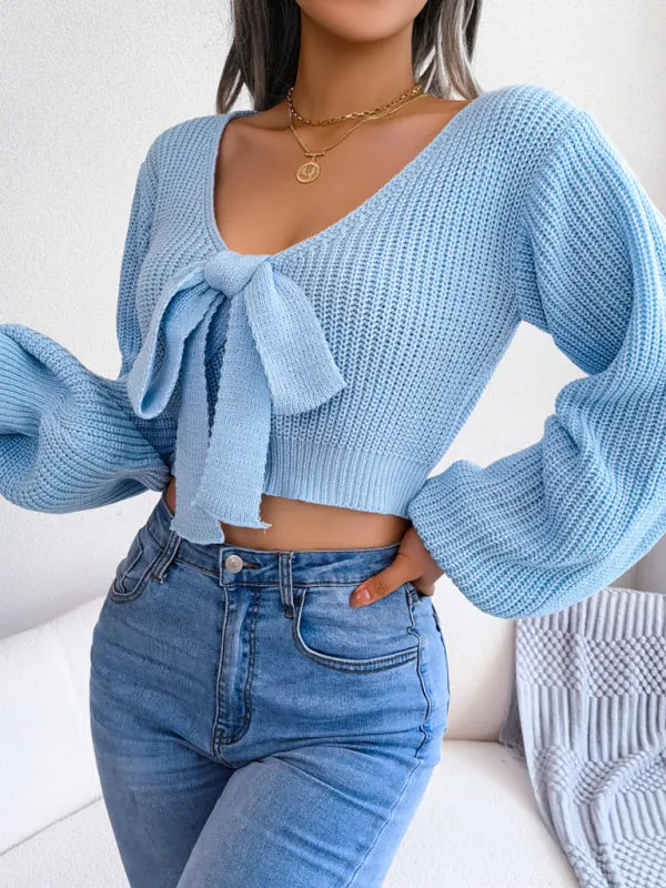 Blue Zone Planet |  Bow V-Neck Lantern Sleeve Crop Sweater