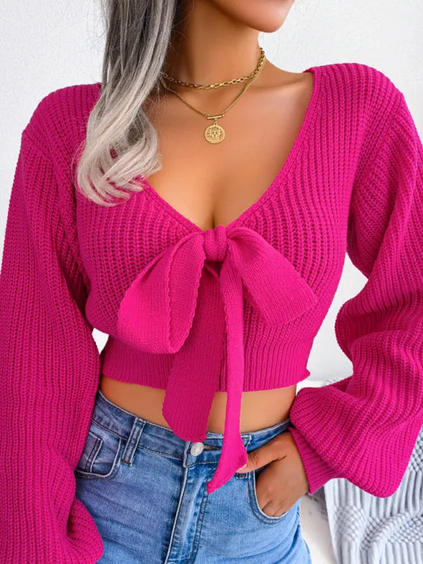 Blue Zone Planet |  Bow V-Neck Lantern Sleeve Crop Sweater