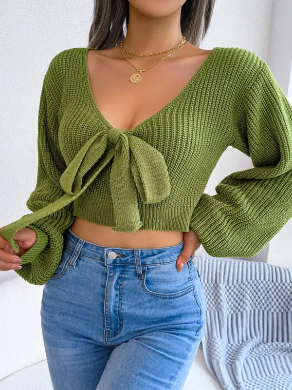 Blue Zone Planet |  Bow V-Neck Lantern Sleeve Crop Sweater