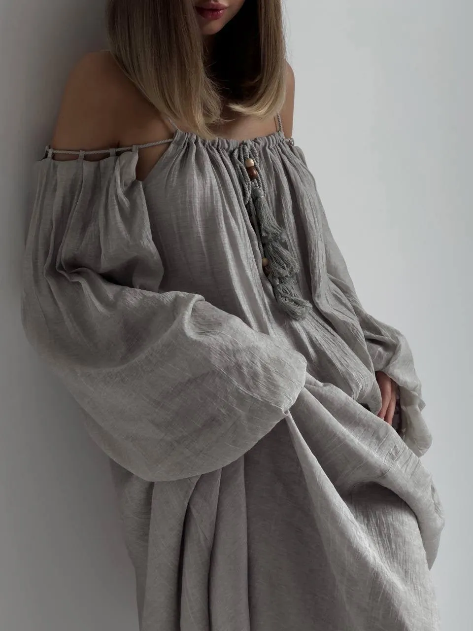 Bohemian Style Grey Linen Maxi Dress