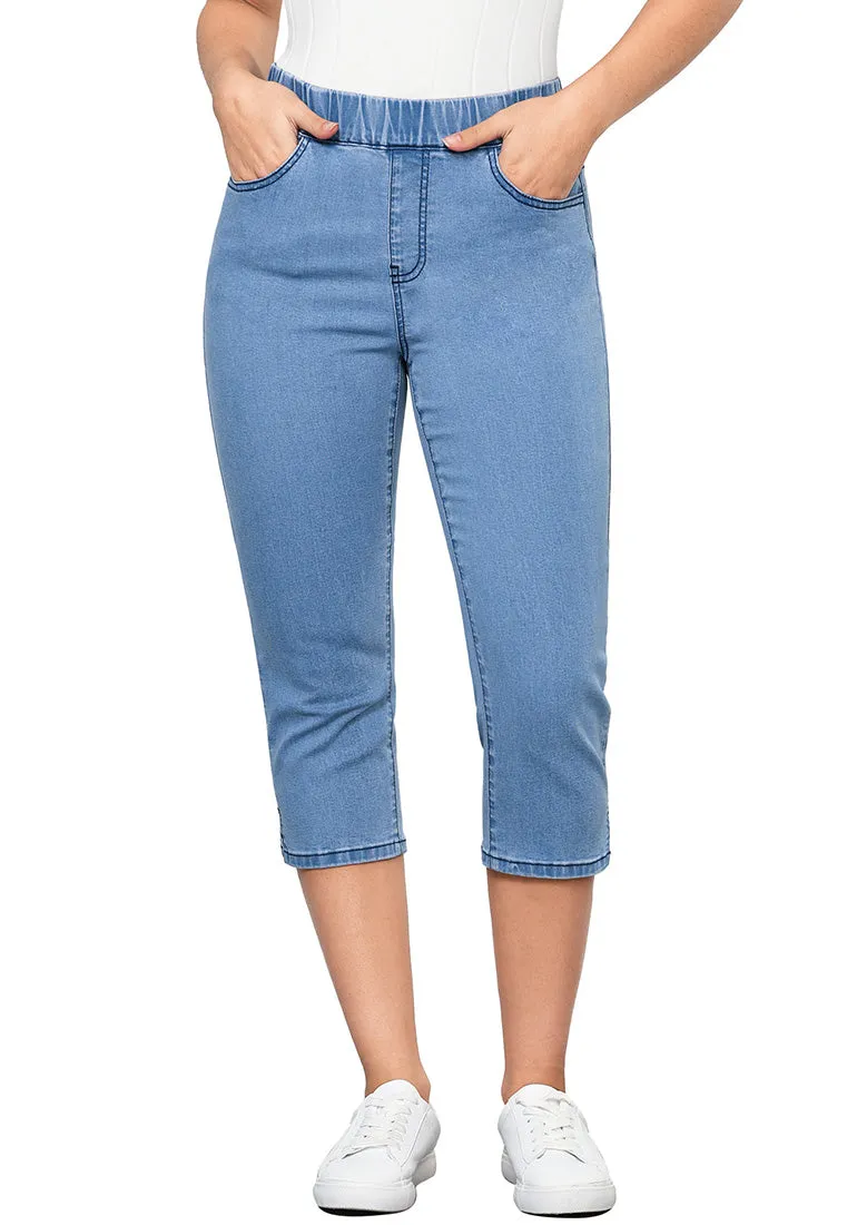 Breezy Blue Women's Denim Elastic Waist Pocket Regular Skinny Slim Straight Slims Classic Capri Jeans