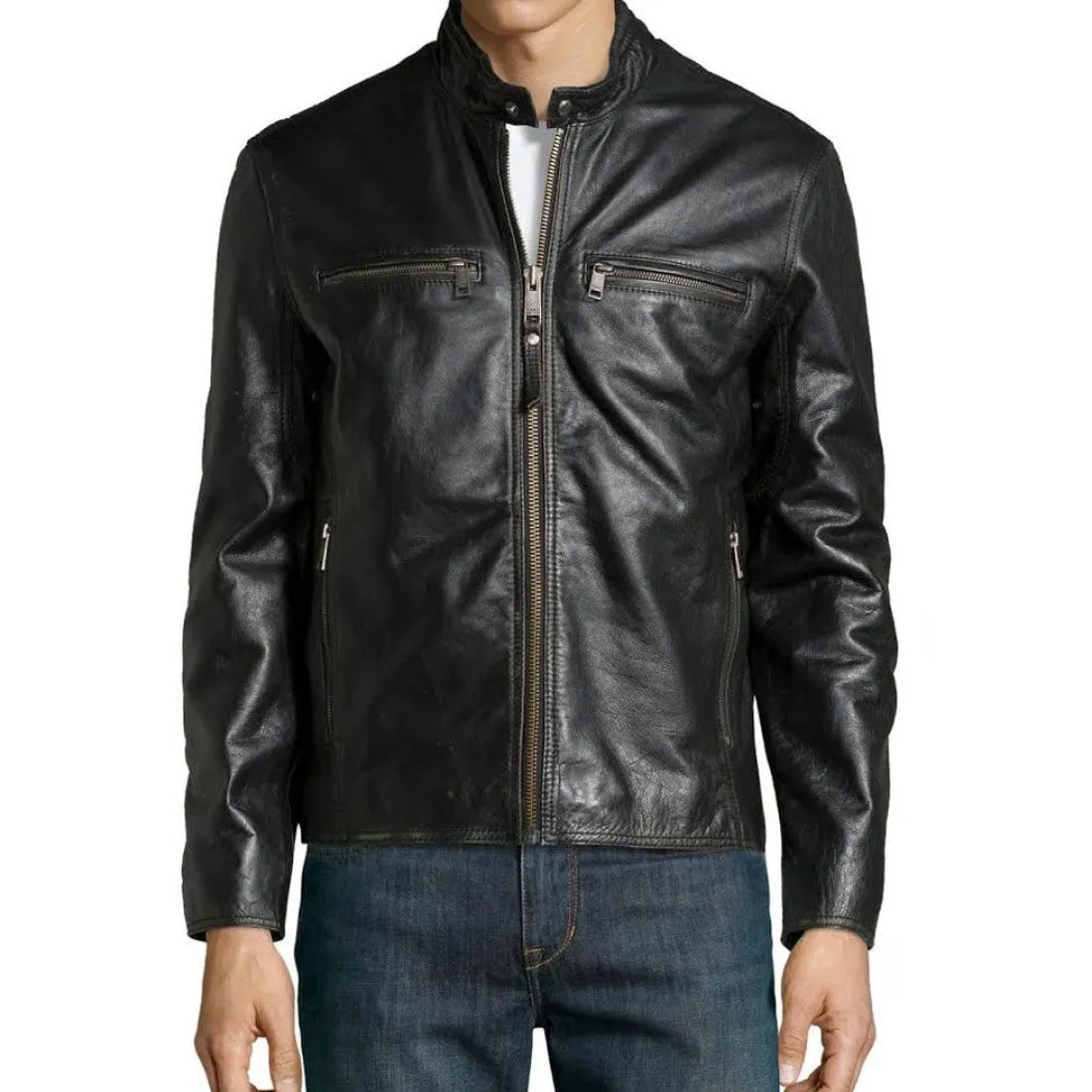 Button Up Black Leather Mens Jacket