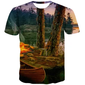 Camping T-shirt Men Sunset Tshirt Anime Forest Shirt Print Flame T-shirts 3d