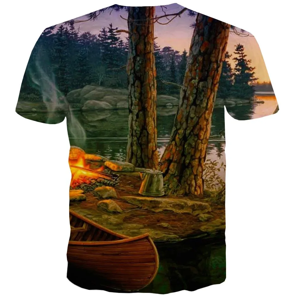 Camping T-shirt Men Sunset Tshirt Anime Forest Shirt Print Flame T-shirts 3d