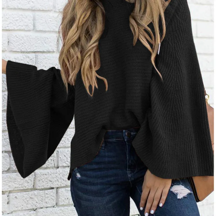 Candy Color Scoop Long Trumpet Sleeves Loose Women Sweater