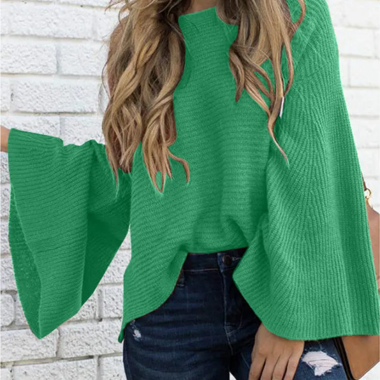 Candy Color Scoop Long Trumpet Sleeves Loose Women Sweater