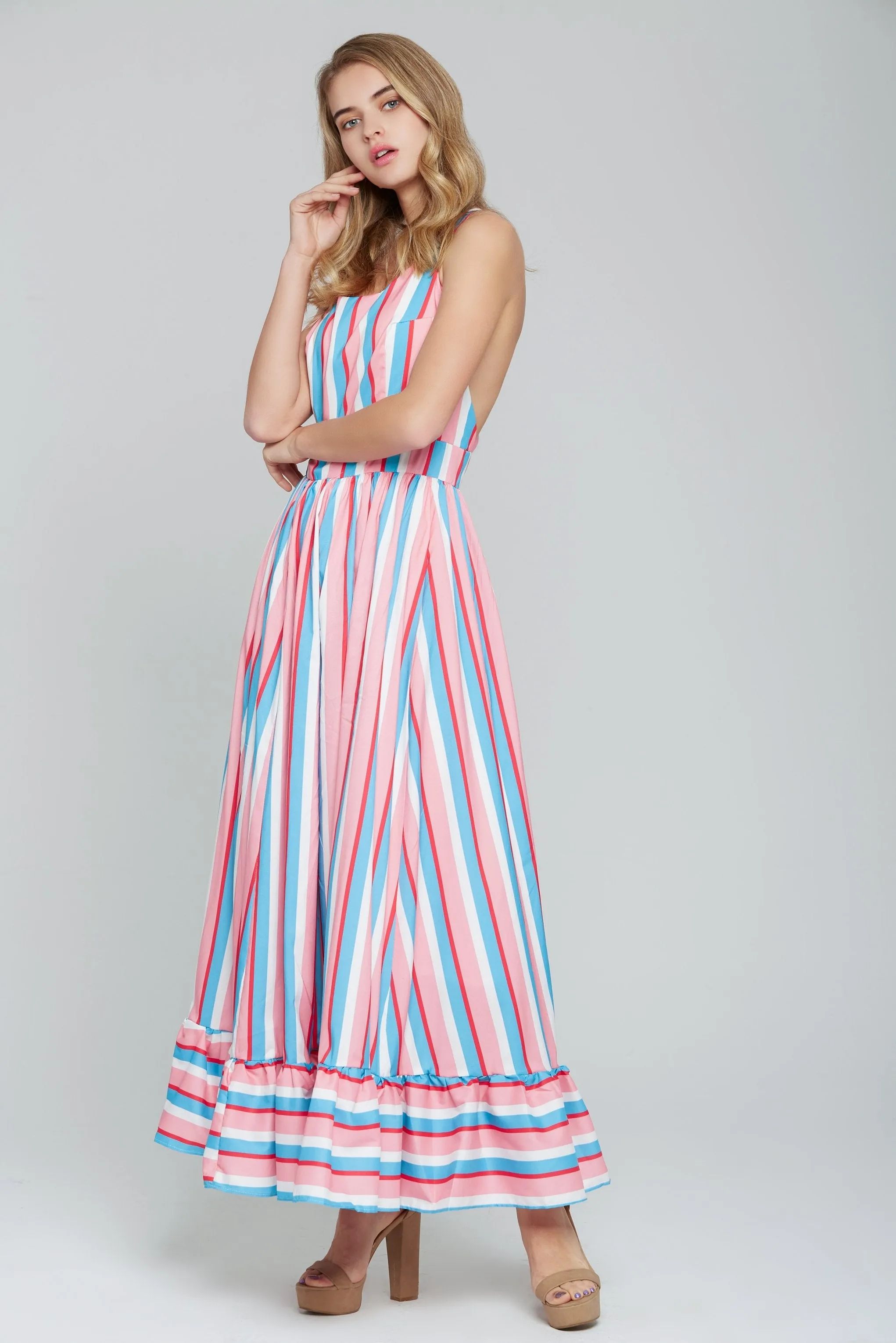 Candy Pink and Blue Striped Halter Maxi Dress