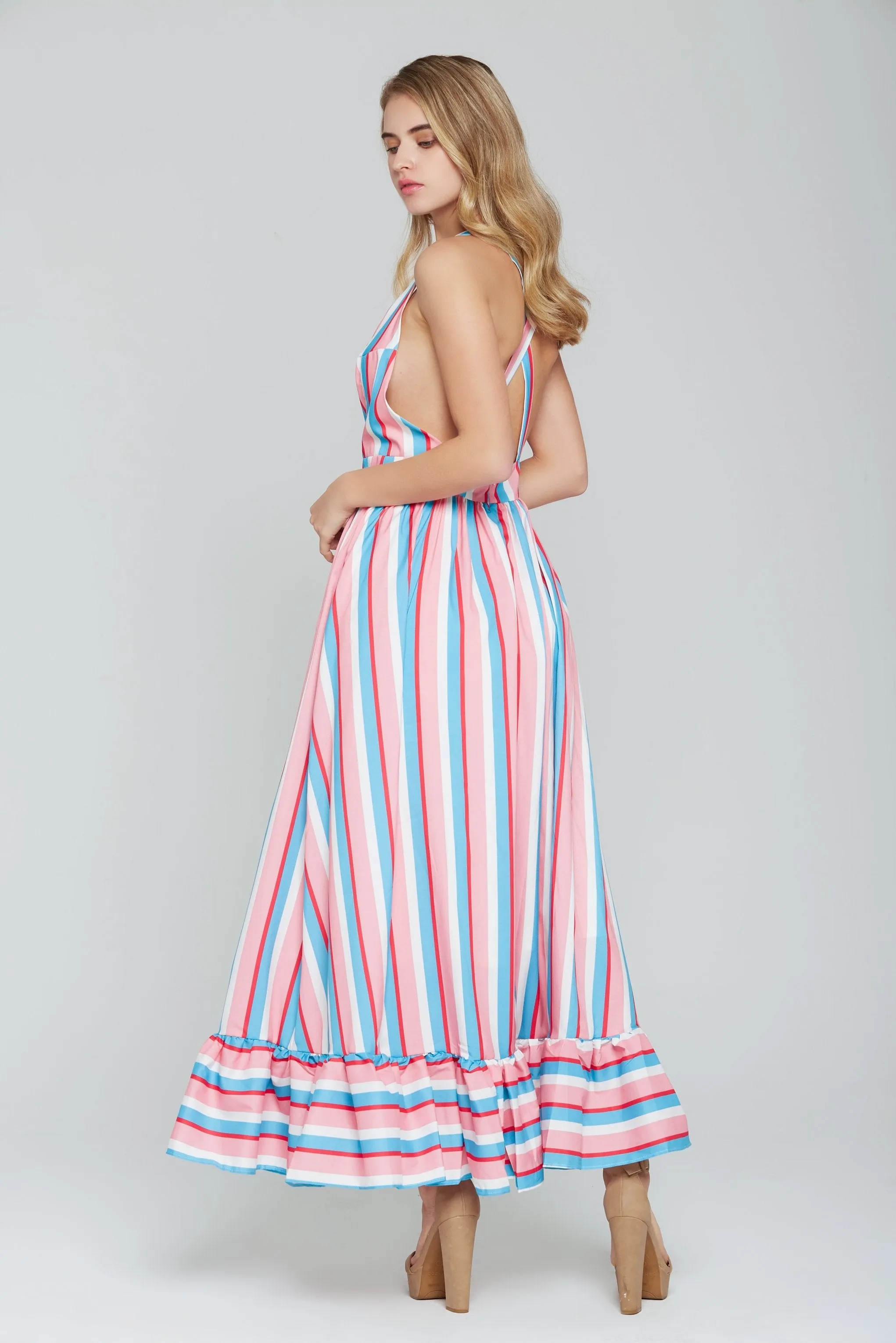 Candy Pink and Blue Striped Halter Maxi Dress