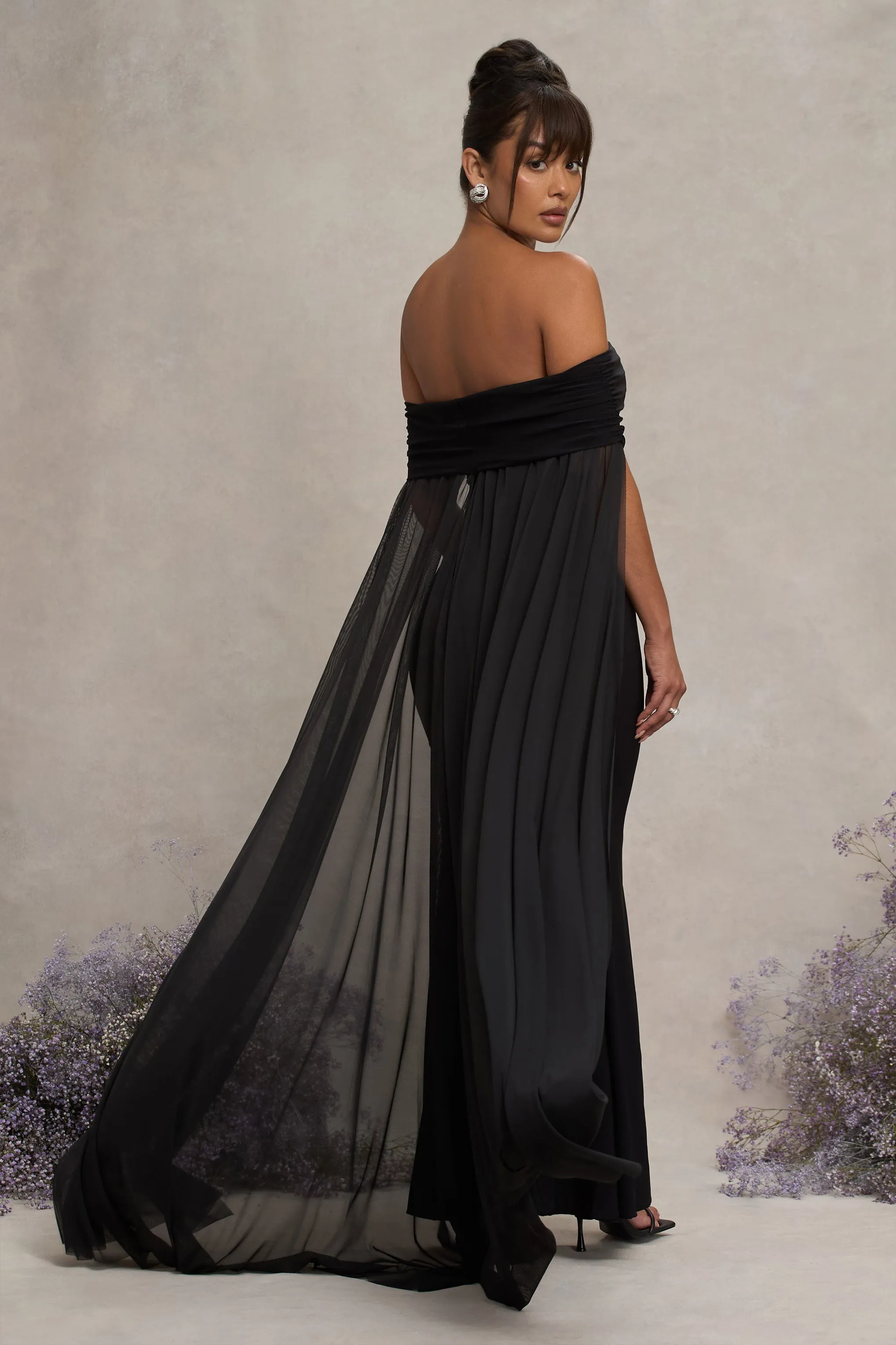 Carlotta | Black Bardot Maternity Maxi Dress With Chiffon Cape