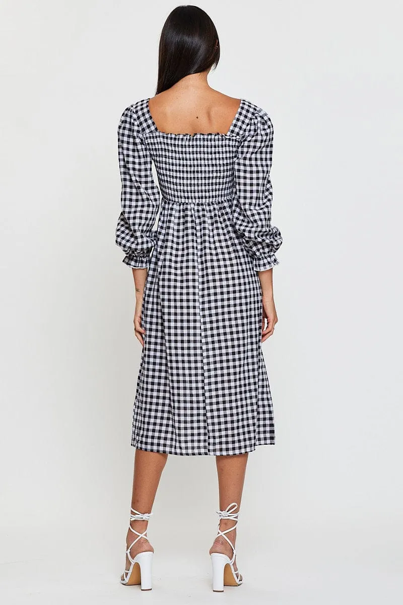 Check Midi Dress Long Sleeve Square Neck