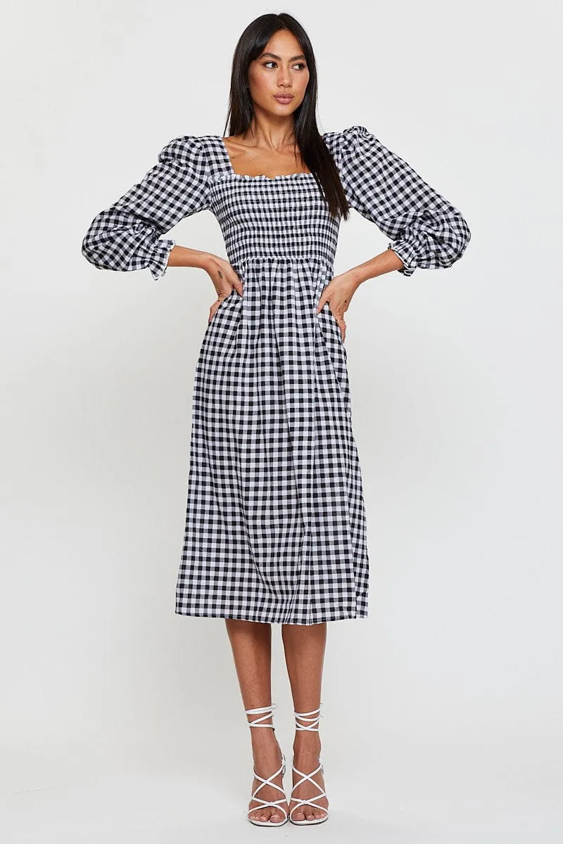 Check Midi Dress Long Sleeve Square Neck