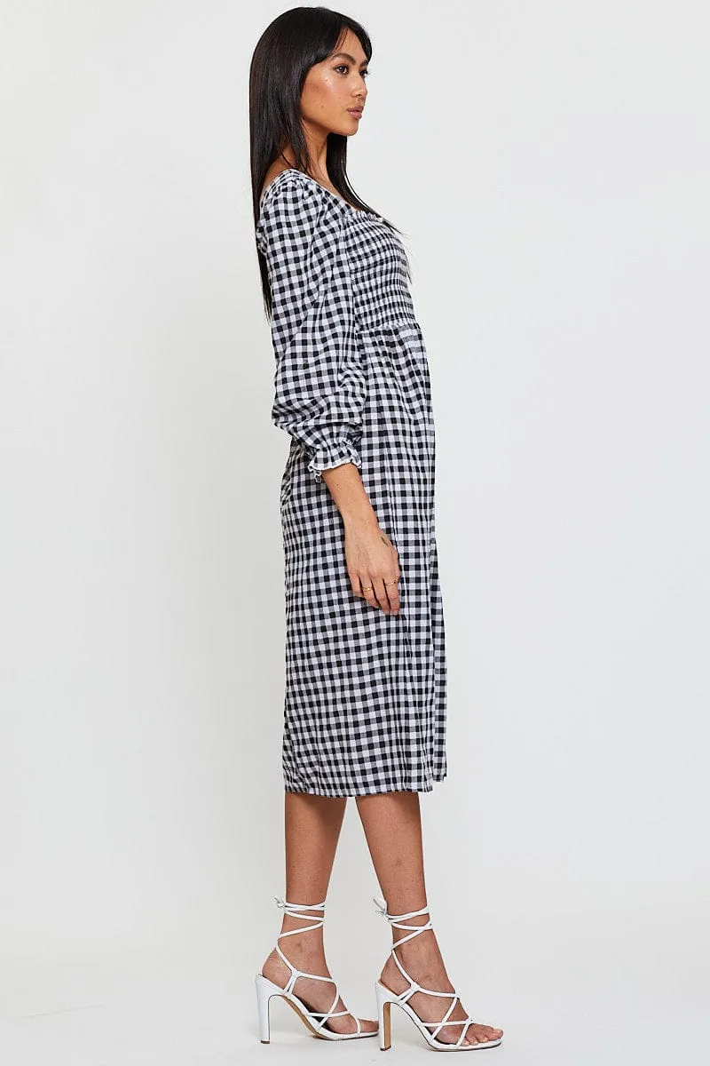 Check Midi Dress Long Sleeve Square Neck