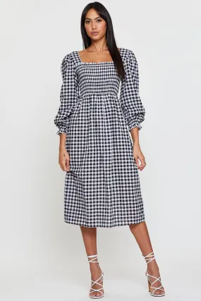 Check Midi Dress Long Sleeve Square Neck