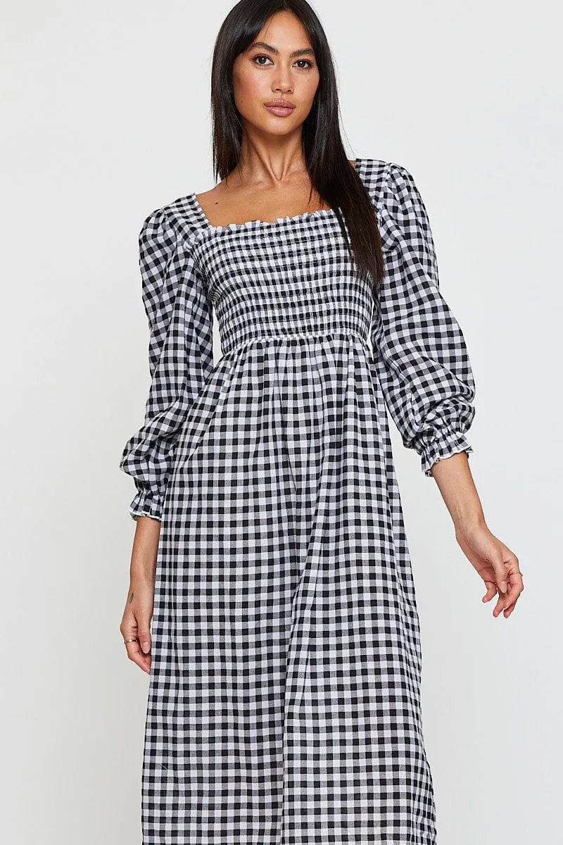 Check Midi Dress Long Sleeve Square Neck