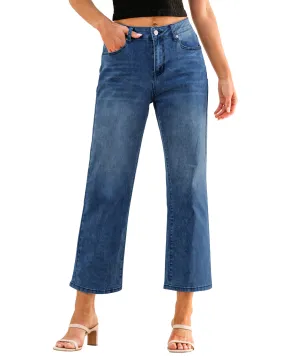 Classic Blue Women's High Waisted Straight Leg Jeans Kick Flare Denim Long Pants