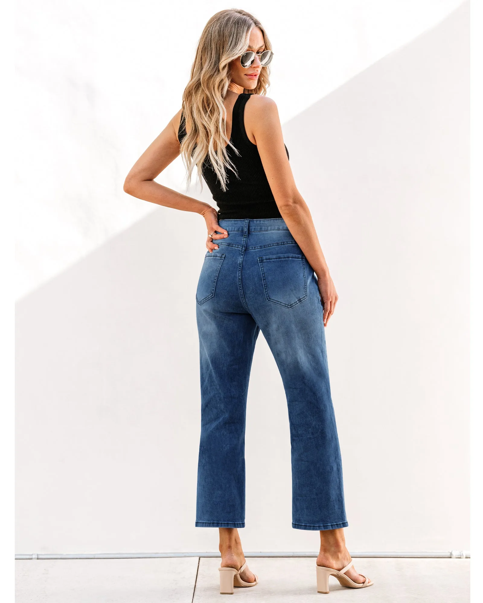 Classic Blue Women's High Waisted Straight Leg Jeans Kick Flare Denim Long Pants