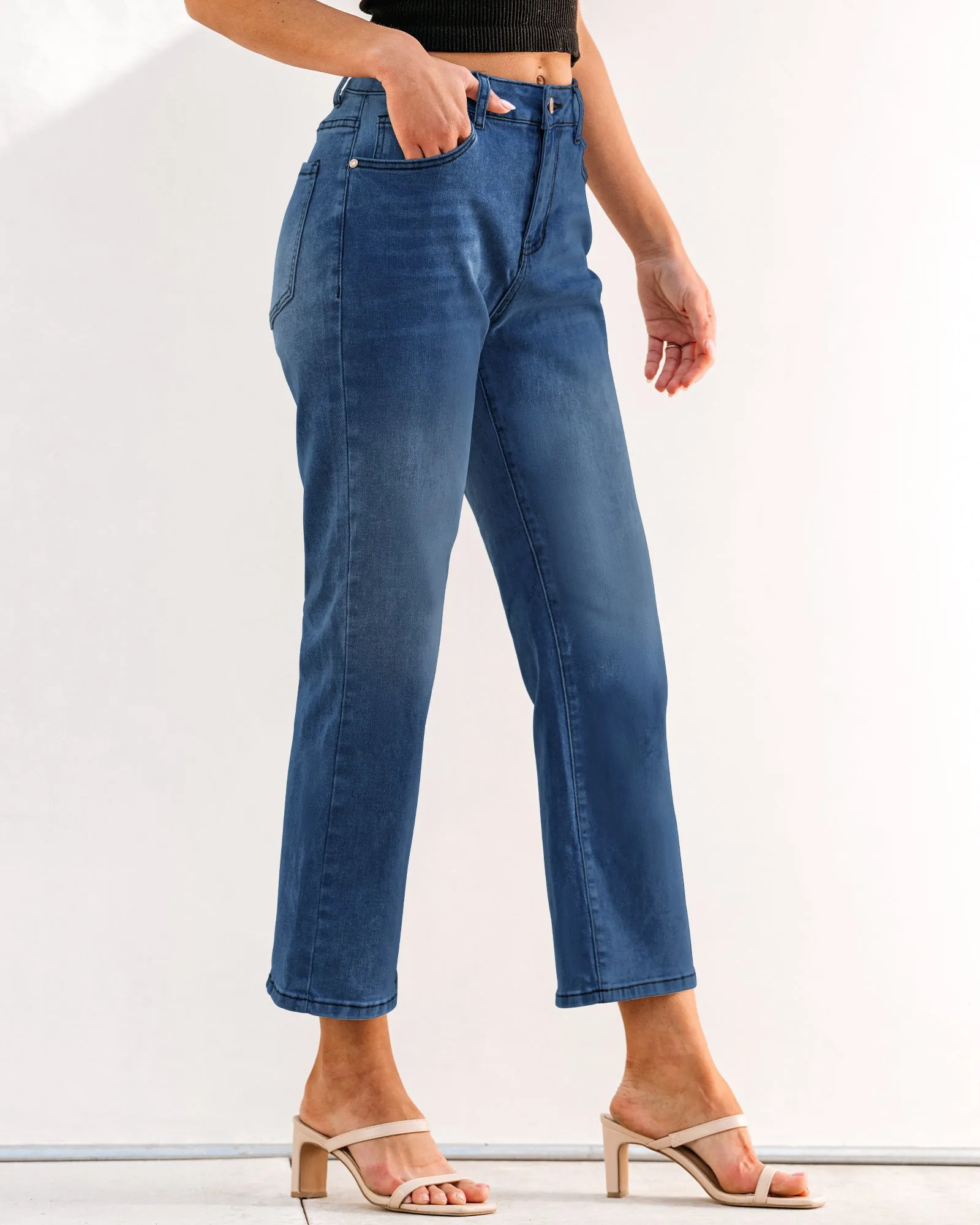 Classic Blue Women's High Waisted Straight Leg Jeans Kick Flare Denim Long Pants