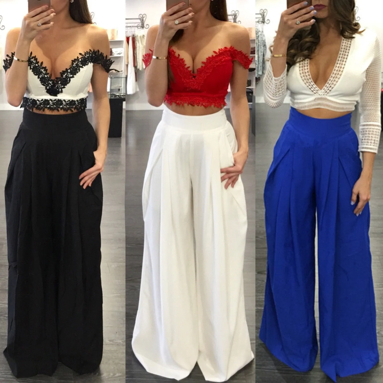 Clearance High Waist Draped Design Wide Leg Long Pants