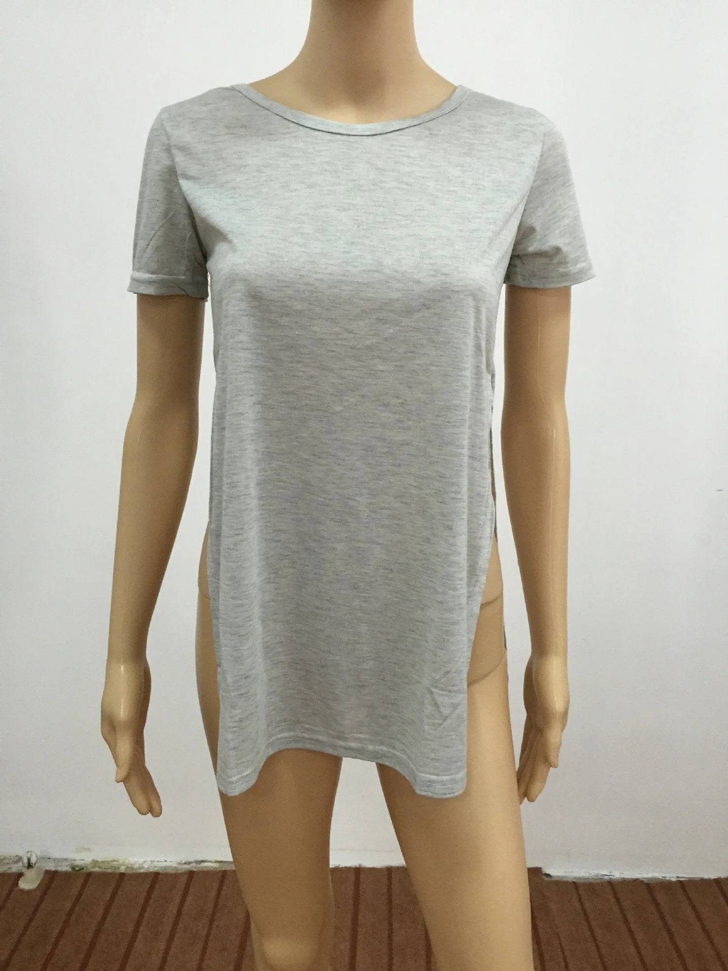 Clearance Pure Color Scoop Short Sleeve High Split Long T-shirt