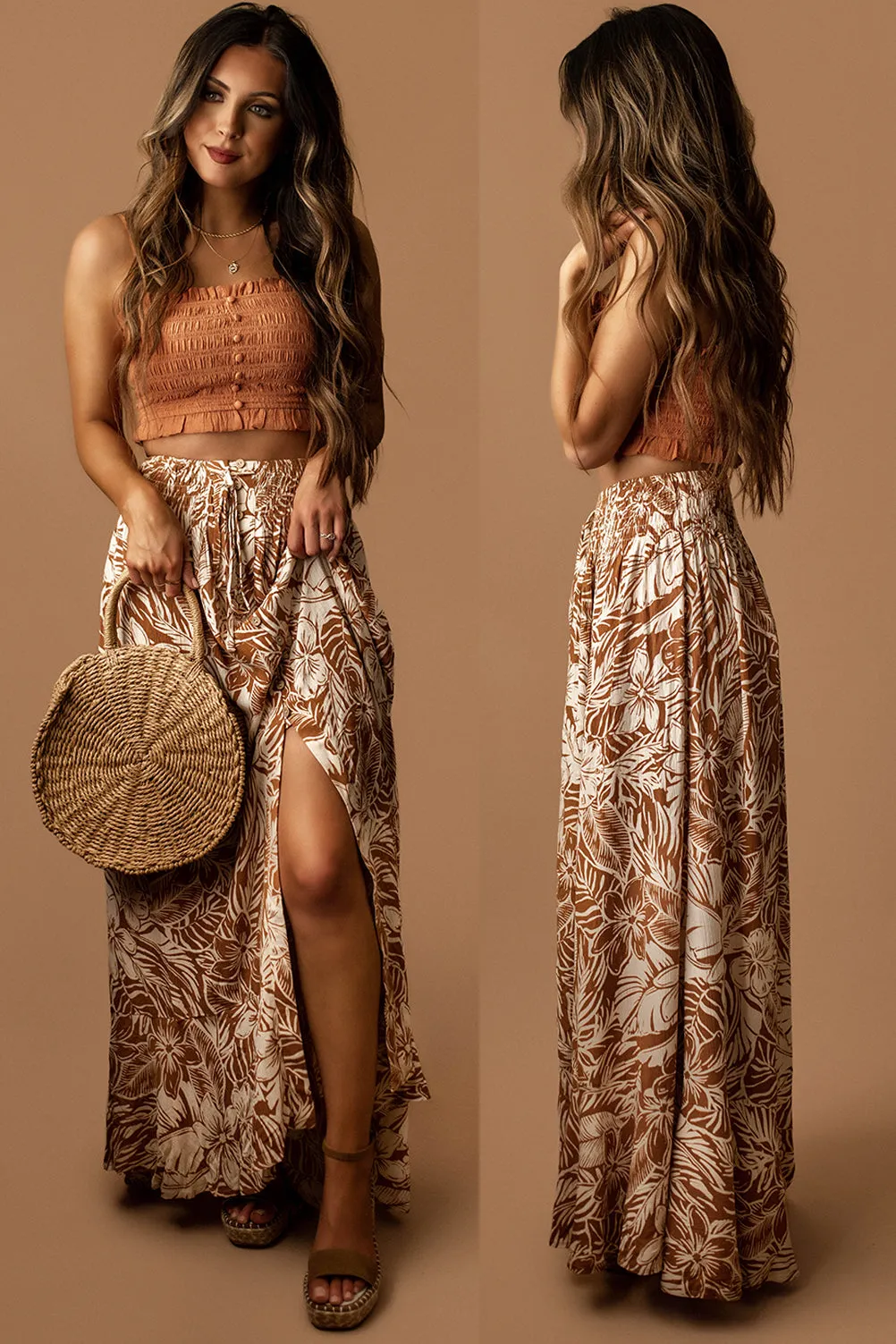 Coastal Charm Floral Maxi Skirt (Cocoa / Cream)