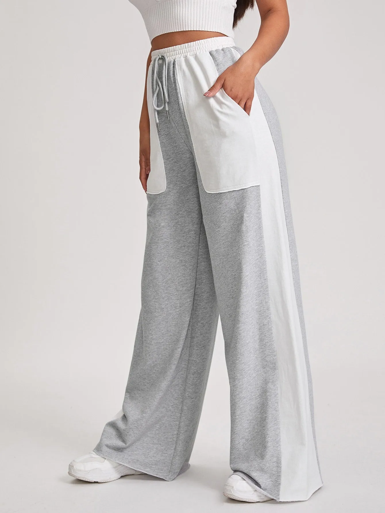 Colorblock Raw Hem High Waist Long Women Sweatpants