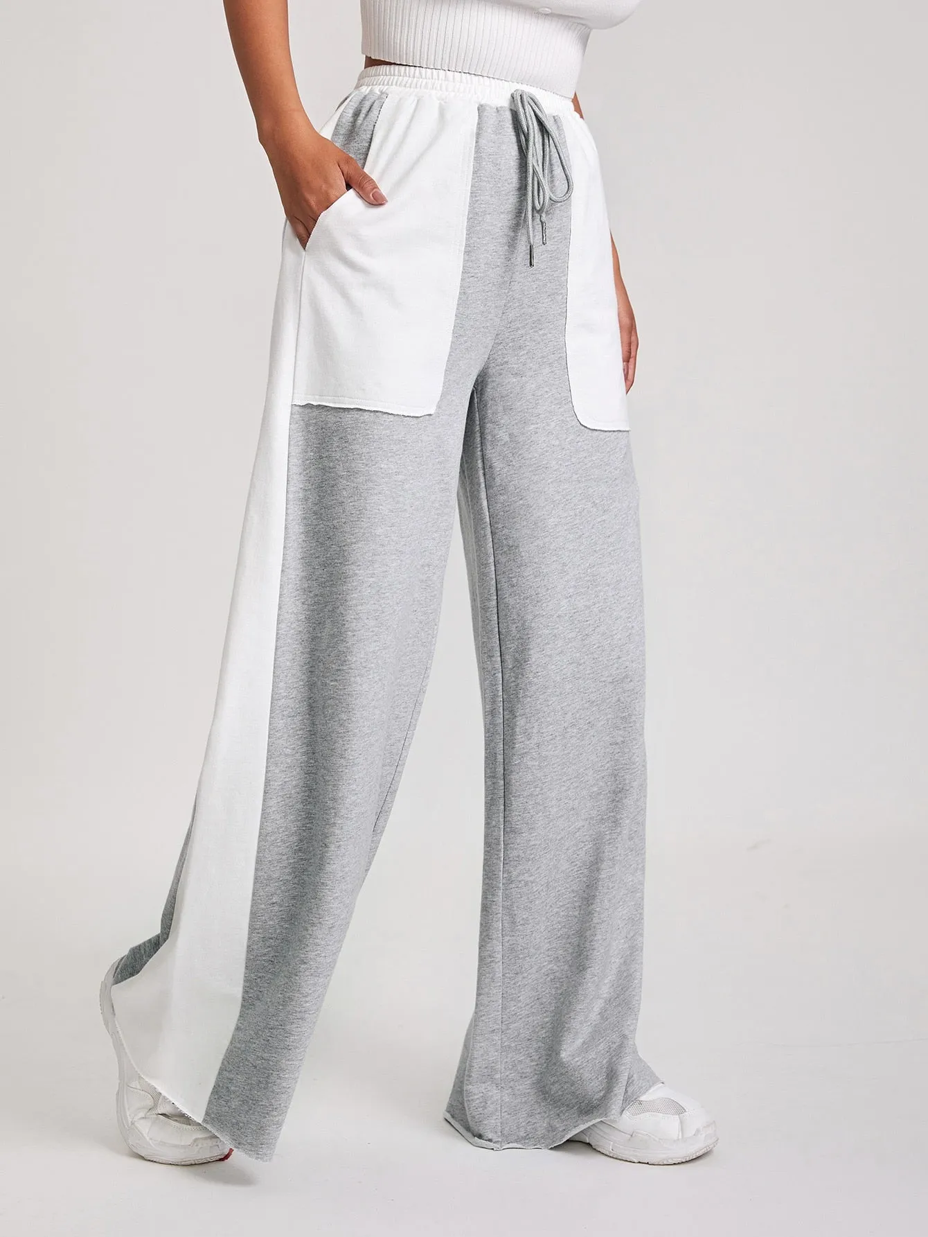 Colorblock Raw Hem High Waist Long Women Sweatpants