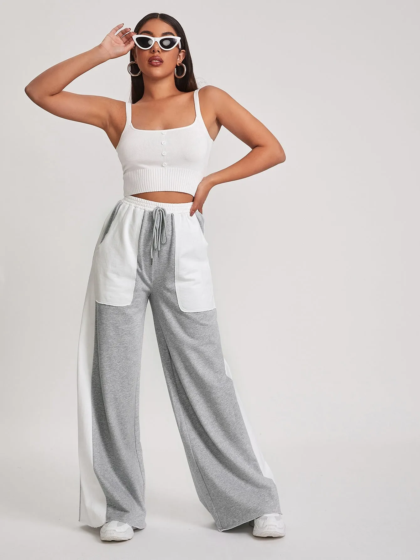 Colorblock Raw Hem High Waist Long Women Sweatpants