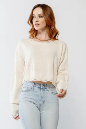 Cream Knit Distressed Detail Long Sleeve Crop Sweater /3-2-1