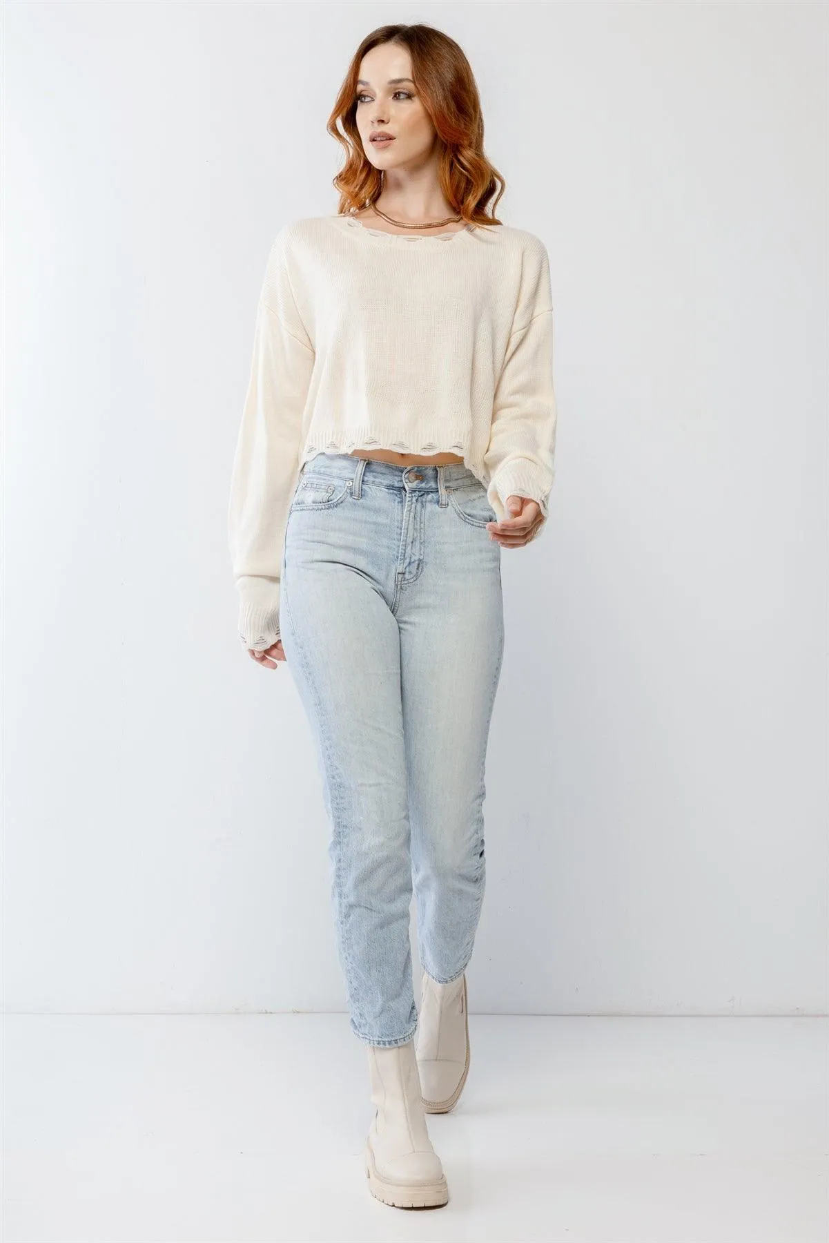 Cream Knit Distressed Detail Long Sleeve Crop Sweater /3-2-1