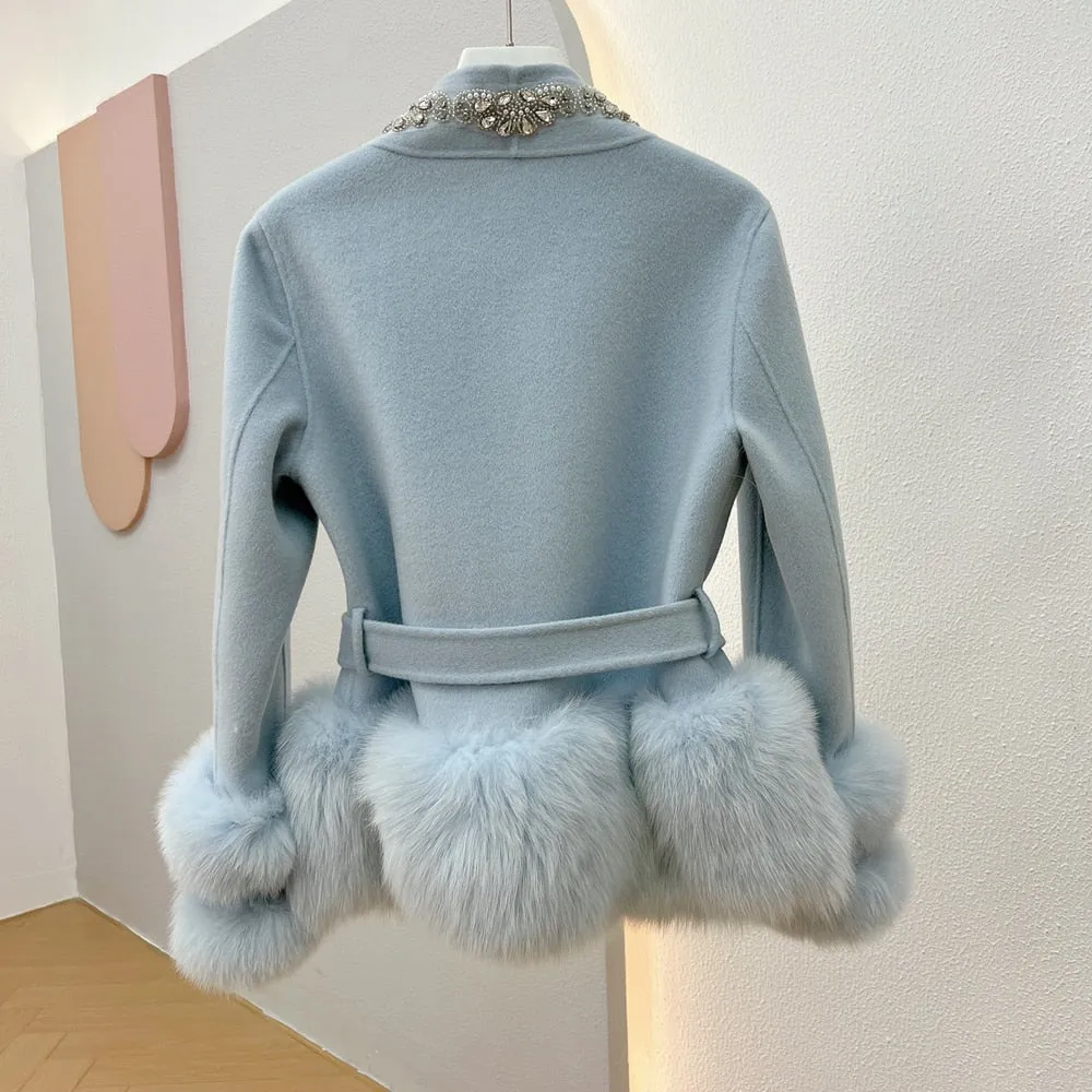 Crystal Beaded Women's Real Natural Fur Coat