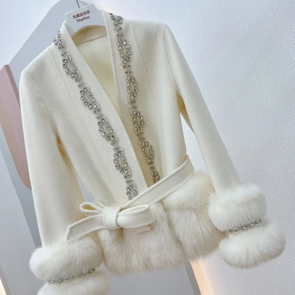 Crystal Beaded Women's Real Natural Fur Coat