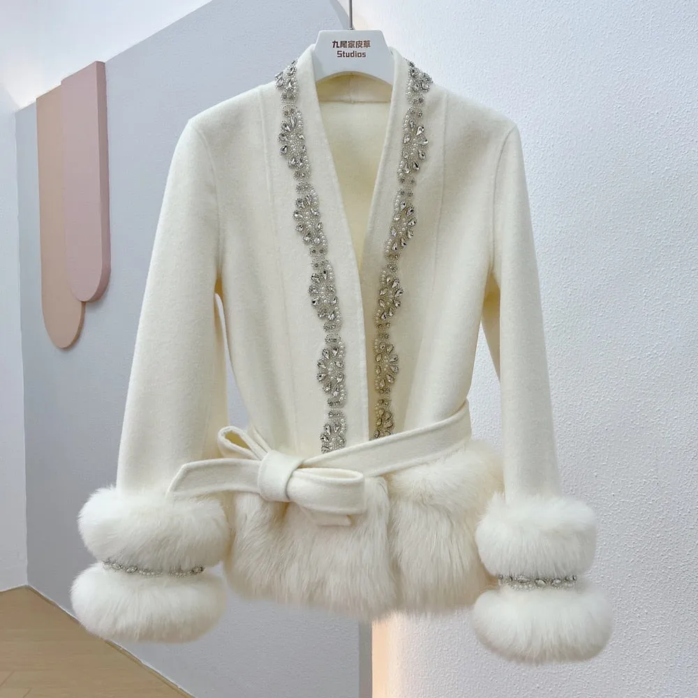 Crystal Beaded Women's Real Natural Fur Coat