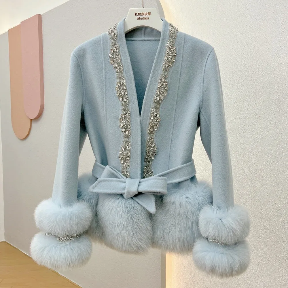 Crystal Beaded Women's Real Natural Fur Coat