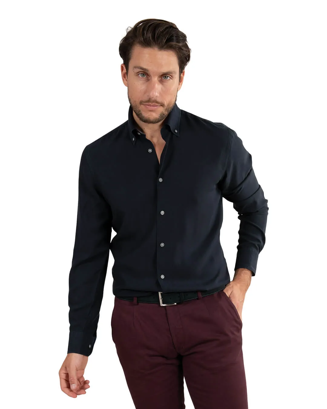 Dark Blue Tencel Button Down Shirt