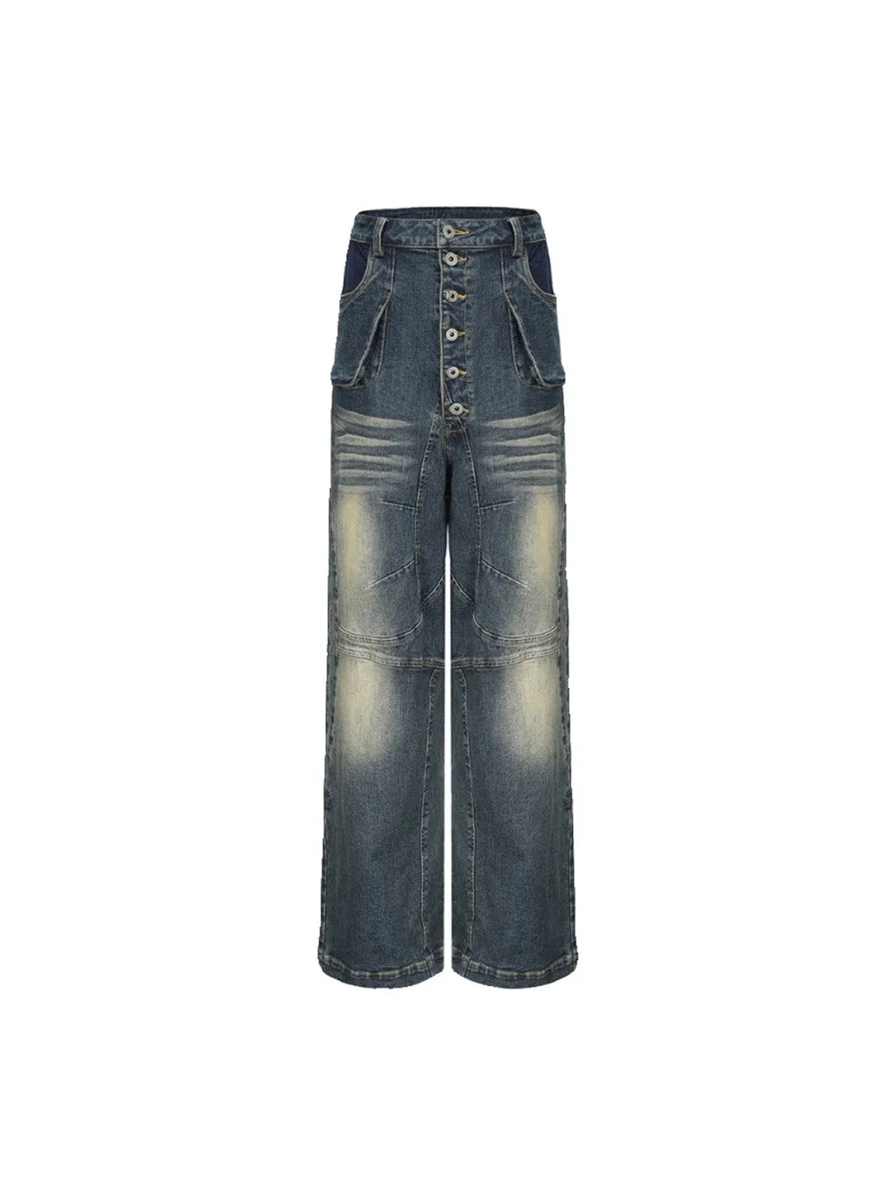 Denim Beard Washed Straight High-Waist Pants