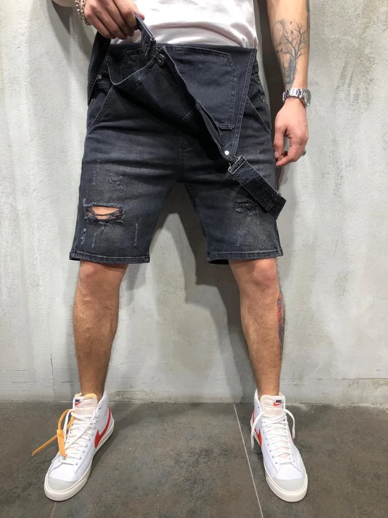 Denim Bib Overall Shorts - Black