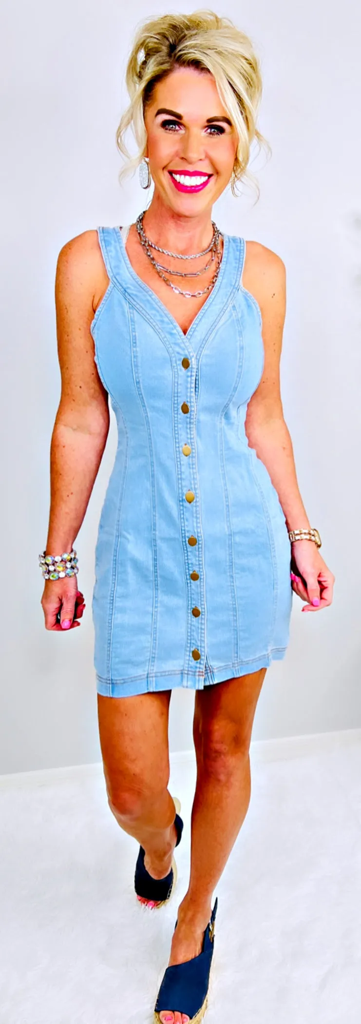 Denim Dreams Button Front Dress - Light