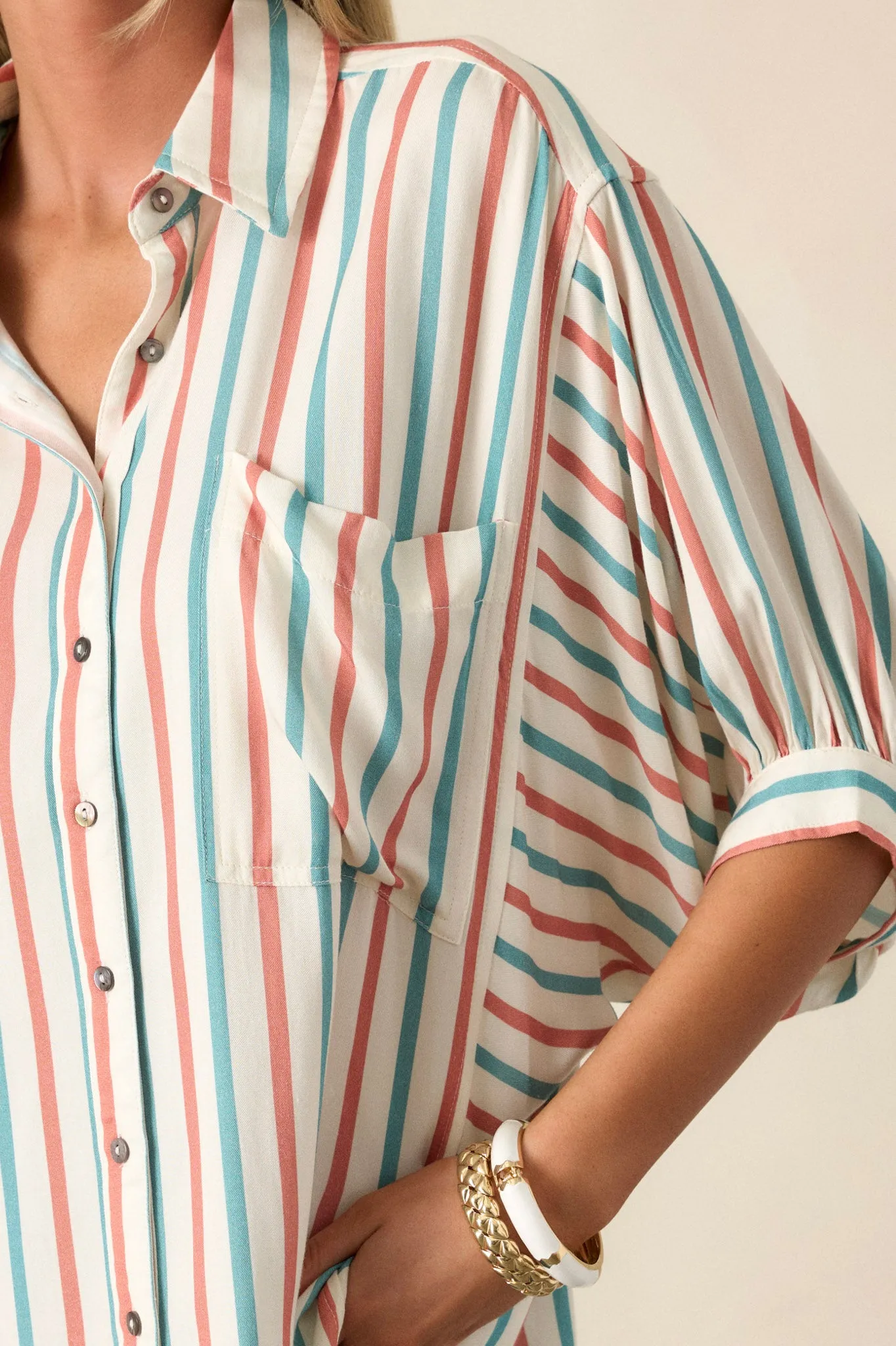 Dream Weaver Ivory Button Front Stripe Collared Shirt