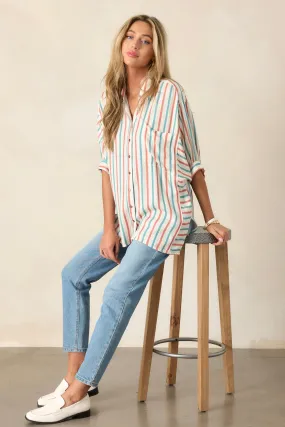 Dream Weaver Ivory Button Front Stripe Collared Shirt