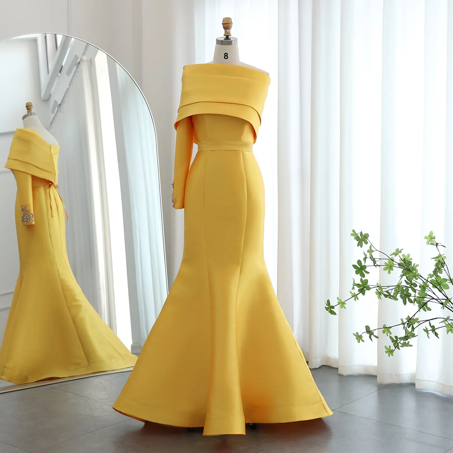 Elegant Yellow One Shoulder Mermaid Evening Dress SF014